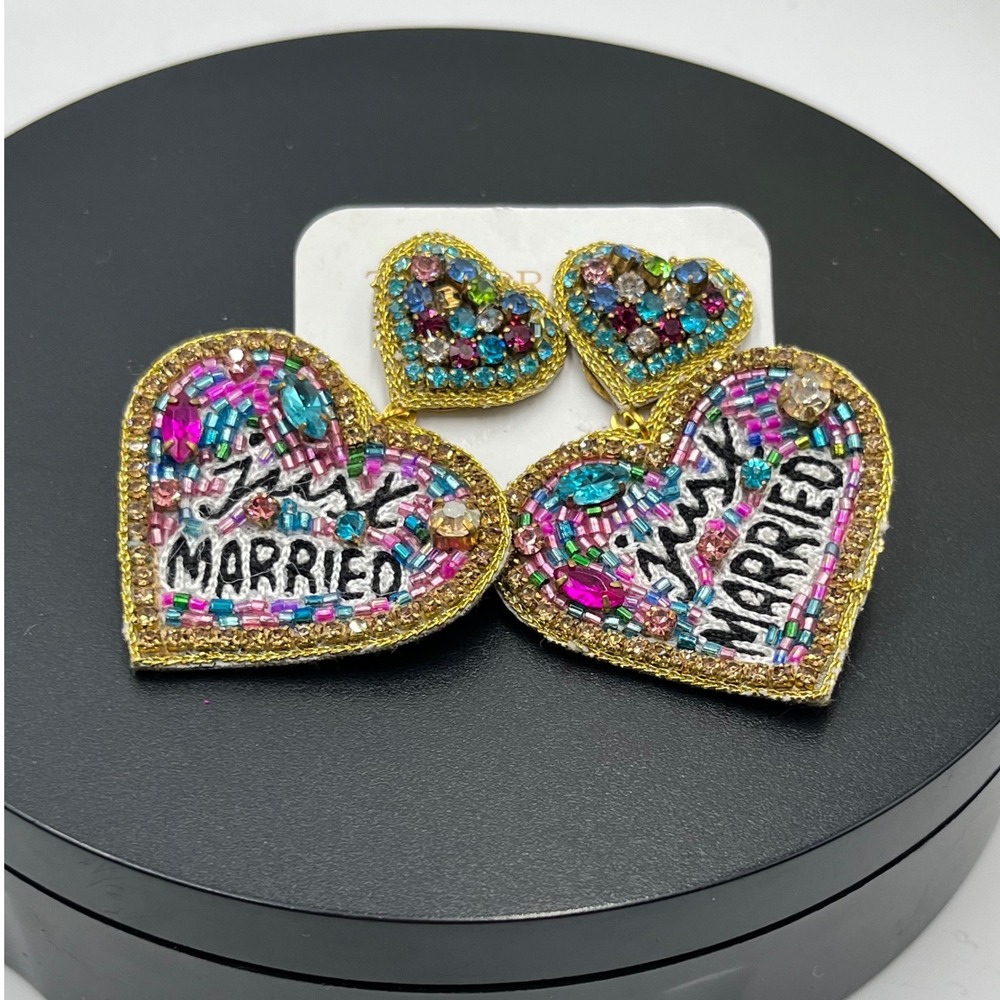 Taylor Shaye Designs Just Married Beaded‎ Heart hand-embroidered Earrings